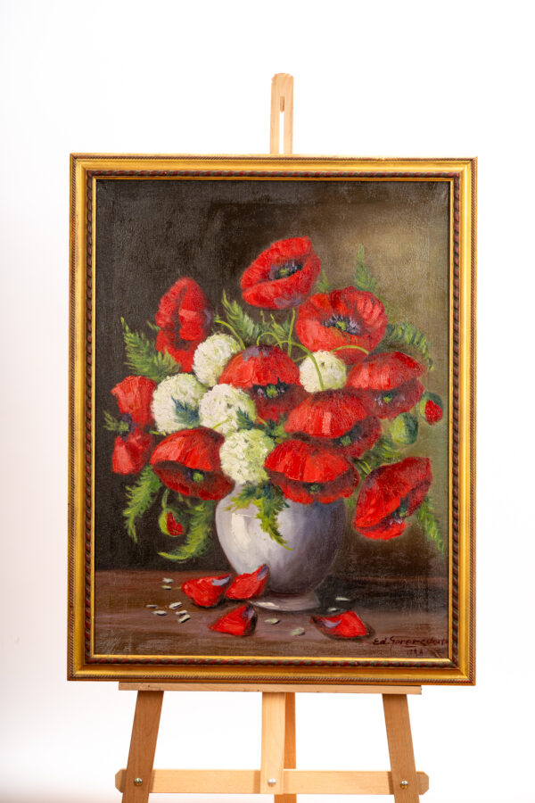 Pictura-in-ulei-cu-maci-si-flori-albe